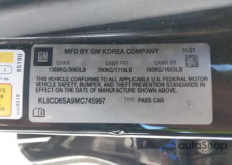 2021 Chevrolet Spark Fwd 1Lt Automatic из США, поврежденный, VIN KL8CD6SA9MC745997